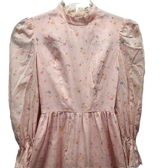 Vintage Handmade 70's Prairie CottageCore Pink Floral Long Sleeve Dress Sz 0? - Picture 4 of 16